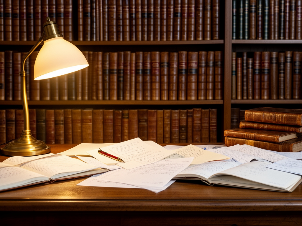 Bibliothèque scientifique avec des rangées de livres académiques reliés en cuir et des notes de recherche sur un bureau en bois, éclairés par une lumière chaude de lampe de bureau qui crée une atmosphère d'étude sérieuse et intellectuelle