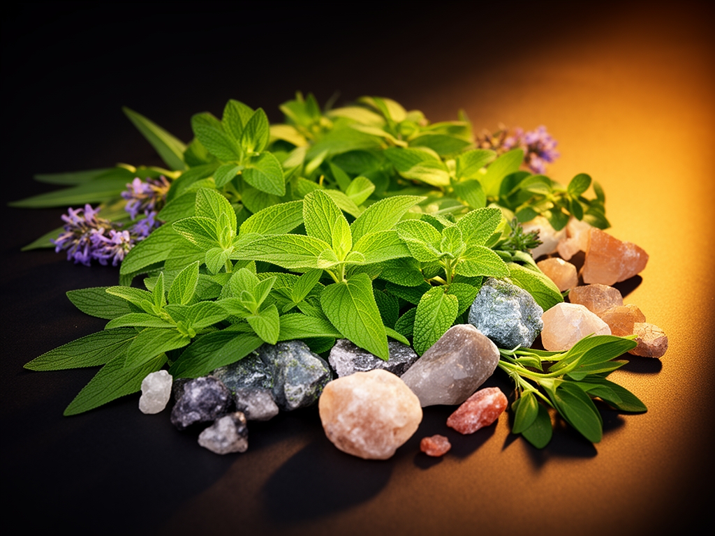 Composition botanique cinématographique de plantes médicinales fraîches, feuilles vertes et minéraux naturels disposés sur une surface sombre avec un éclairage directionnel chaud et des ombres profondes