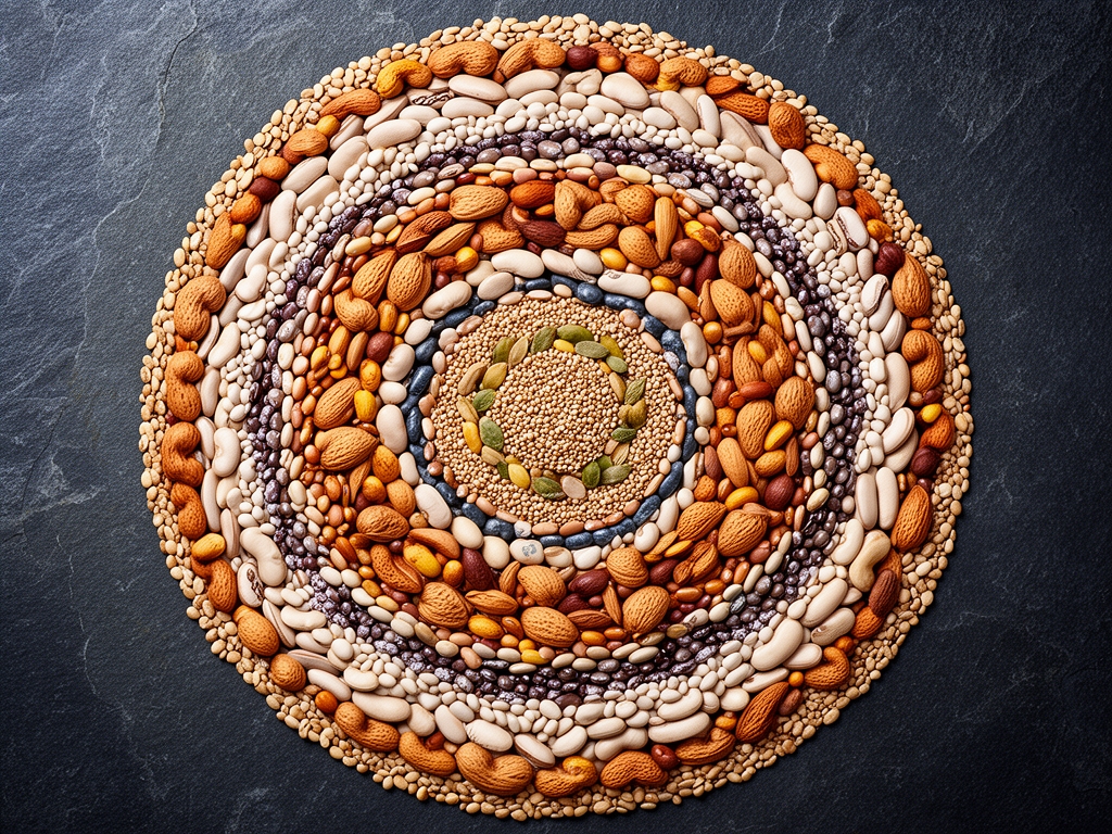 Vue aérienne cinématographique de graines, noix et légumineuses variées disposées en cercles concentriques sur fond de pierre sombre, avec un éclairage naturel zénithal qui fait ressortir les différentes textures et couleurs naturelles